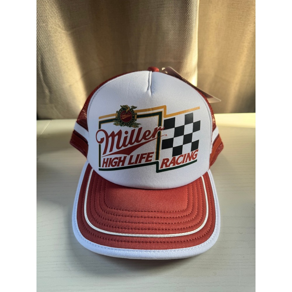 Miller High Life Racing Trucker Hat Red White Mesh Snapback Mad Engine New